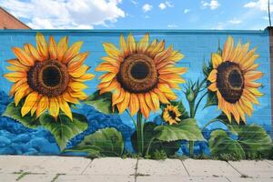 ai generato brillante girasole murale schiarimento urbano spazio foto