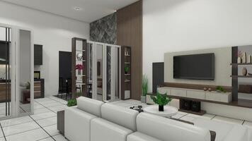 moderno vivente camera design con di legno divisore partizione e tv mobiletto, 3d illustrazione foto