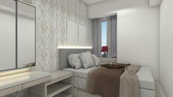 minimalista Camera da letto con semplice testata cuscino e di legno scrivania mobiletto, 3d illustrazione foto