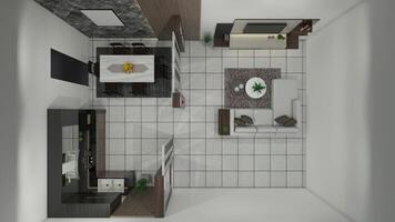 disposizione camera interno cucina, cenare e vivente design con industriale stile, 3d illustrazione foto