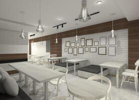 moderno ristorante design con impostato cenare tavolo e parete pannello ornamento, 3d illustrazione foto