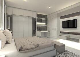 moderno interno maestro Camera da letto con Abiti armadio e tv mobiletto, 3d illustrazione foto