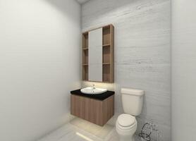 minimalista bagno con di legno Lavello Consiglio dei ministri e scatola specchio mobiletto, 3d illustrazione foto