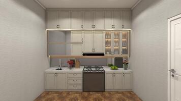 classico cucina design con pieno soffitto Consiglio dei ministri e in piedi fornello, 3d illustrazione foto