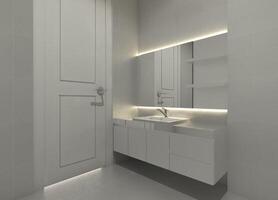 minimalista lavabo Consiglio dei ministri con specchio pannello e illuminazione, 3d illustrazione foto