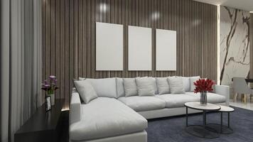 suite interno vivente camera design con lusso divano e di legno pannello sfondo, 3d illustrazione foto