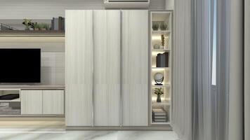 minimalista e moderno di legno armadio Conservazione con vetrina Schermo mobiletto, 3d illustrazione foto