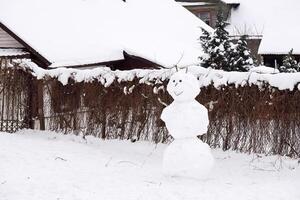 uno sorridente pupazzo di neve con divertente viso in piedi su neve con un' Casa e un' recinto coperto con spoglio viti di selvaggio uva foto