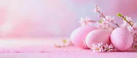 ai generato illustrazione di un' bellissimo rosa Pasqua sfondo bandiera con pastello colorato uova con fiori, copia spazio foto