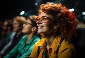 ai generato giovane donna è Guardando film nel il cinema. foto