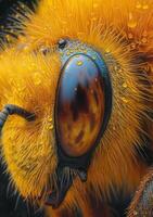 ai generato macro di ape coperto con rugiada gocce foto