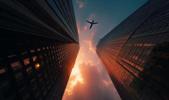 ai generato aereo volante al di sopra di il città durante tramonto foto
