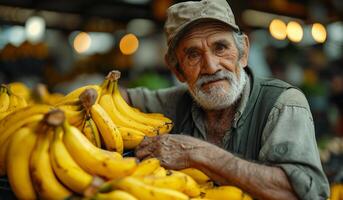 ai generato un vecchio uomo nel un biologico serra raccolta banane. un' uomo sta Tenere un' mazzo di banane nel il suo mano. foto