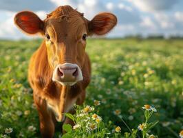 ai generato carino vitello su verde campo con margherite foto