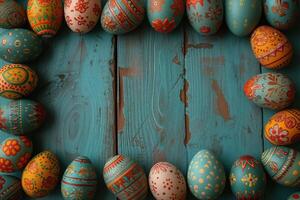 ai generato colorato di legno Pasqua uova rendere su un' telaio foto