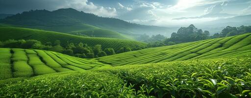 ai generato tè piantagione verde paesaggio nel il montagne foto