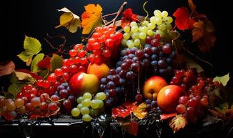 ai generato fresco frutta arte per saldi. autunno frutta e frutti di bosco su buio sfondo foto