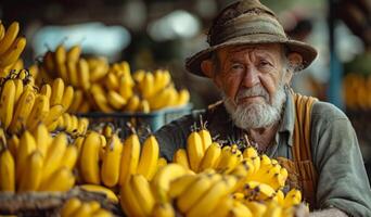 ai generato un vecchio uomo nel un biologico serra raccolta banane. un' uomo con un' cappello detiene un' mazzo di banane nel il suo mano. foto