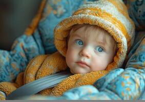 ai generato un' bambino ragazzo nel il suo auto posto a sedere contento. un' bambino vestito nel un' caldo coperta comodamente si siede nel un' auto posto a sedere durante un' freddo inverno giorno. foto