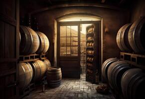 ai generato vino botti impilati nel il vecchio cantina di il azienda vinicola. foto