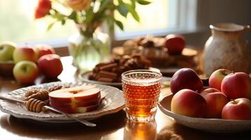 ai generato un' tradizionale Rosh hashanah tavolo impostato con dolce mele e miele foto
