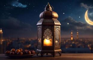 ai generato Ramadan kareem lanterna, Luna nel notte, date iftar, sfocato Arabo città nel sfondo, tradizionale musulmano concetto. foto