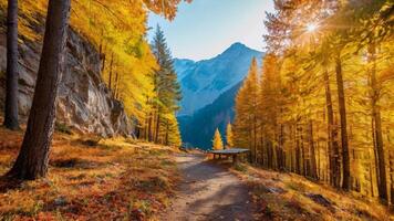 ai generato natura sfondo nel autunno stagione, alberi, fiume, montagna. foto