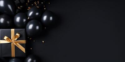 ai generato regalo scatola con nero palloncini e oro nastro su un' nero sfondo. nero Venerdì foto