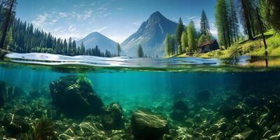 ai generato sereno montagna lago. il la tranquillità e grandezza di natura. Visualizza a partire dal il acqua foto