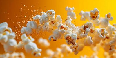 ai generato volante Popcorn su un' giallo sfondo. Popcorn nel movimento, cinema tema, divertimento foto