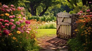ai generato un' segreto giardino cancello circondato di fiori selvatici foto
