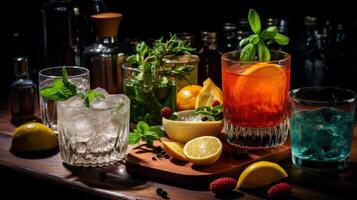 ai generato cocktail ingredienti visualizzato nel cristalleria foto