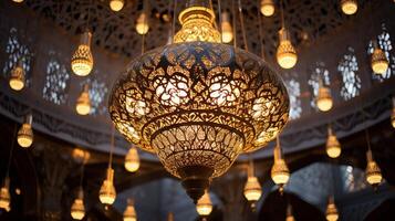 ai generato un' della moschea lampadario con intricato Arabo iscrizioni foto