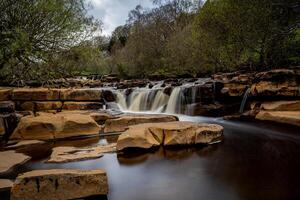 un' cascata è fluente al di sopra di rocce nel un' foresta foto