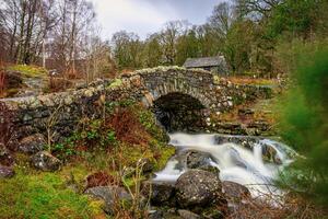 pietra ponte al di sopra di un' fluente ruscello nel un' lussureggiante, verde bosco ambientazione con un' Villetta nel il sfondo nel lago quartiere. foto