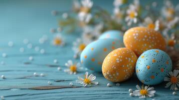 ai generato Pasqua uova, fiore, e le foglie su un' blu sfondo foto