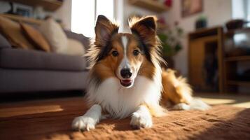 ai generato un' carino collie riposa su un' bianca vivente camera tappeto. ai generato. foto