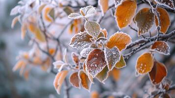 ai generato d'inverno toccare adorna albero le foglie nel brina, un' delicato ghiacciato eleganza emerge, ai generato. foto