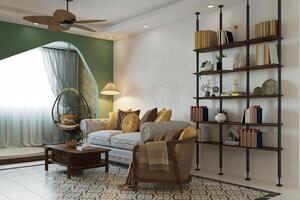 minimalista vivente camera interno design con divano, cuscini, e libro mensola In piedi con libri e Accessori. foto