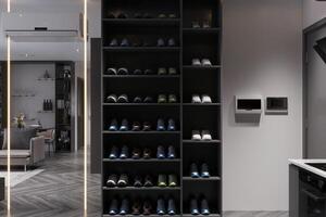 il Perfetto unione di lusso scarpe e un' moderno di legno entrare guardaroba. foto
