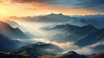 ai generato maestoso montagne bagnata nel il caldo splendore di tramonto siamo avvolto nel un' mistico nebbia, ai generato foto