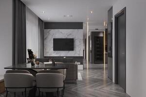 classico minimo grigio e nero cenare con parquet pavimento, e moderno interno design. foto