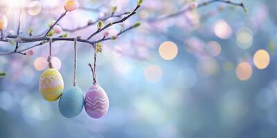 ai generato decorativo albero ornato con colorato Pasqua uova sospeso su esso, contro un' pastello bokeh sfondo foto