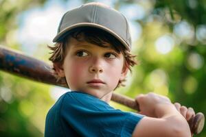 ai generato vicino su bambino indossare baseball berretto e Tenere baseball pipistrello nel parco, un' ragazzo giocando baseball all'aperto foto