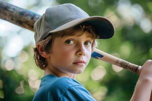 ai generato vicino su bambino indossare baseball berretto e Tenere baseball pipistrello nel parco, un' ragazzo giocando baseball all'aperto foto