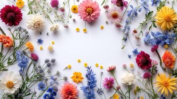 ai generato colorato fiori disposte nel un' affascinante telaio contro un' pulito bianca sfondo, ai generato. foto