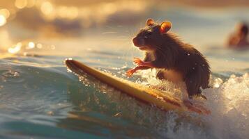 ai generato un' carino ratto surfer gode un' pieno di divertimento estate giorno a il spiaggia, equitazione onde con entusiasmo, ai generato. foto