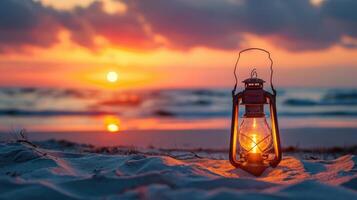 ai generato lanterna nel il sabbia prima un' bellissimo spiaggia a tramonto. costiero la tranquillità, ai generato. foto