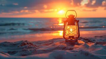 ai generato lanterna nel il sabbia prima un' bellissimo spiaggia a tramonto. costiero la tranquillità, ai generato. foto