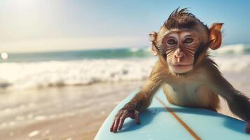 ai generato un' carino scimmia surfer gode un' pieno di divertimento estate giorno a il spiaggia, equitazione onde con entusiasmo, ai generato. foto